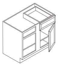 Line drawing of a cabinet with one door open and shelves inside.